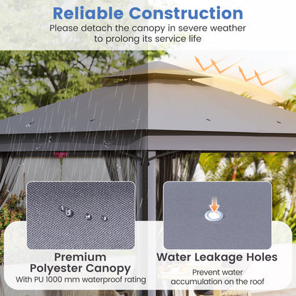 Patio Gazebo Outdoor Double-Roof Canopy Tent with Mesh Netting-Grey