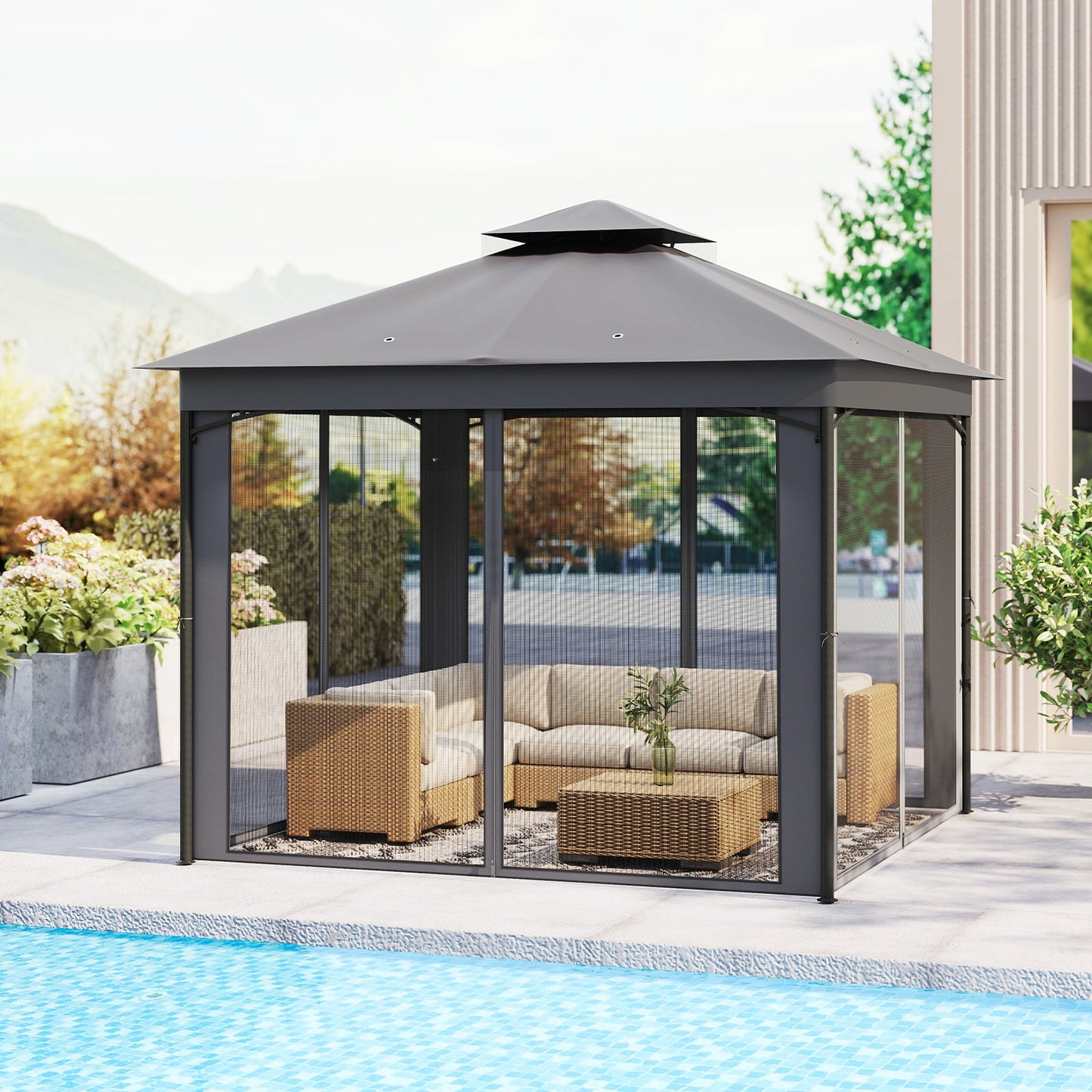 Patio Gazebo Outdoor Double-Roof Canopy Tent with Mesh Netting-Grey