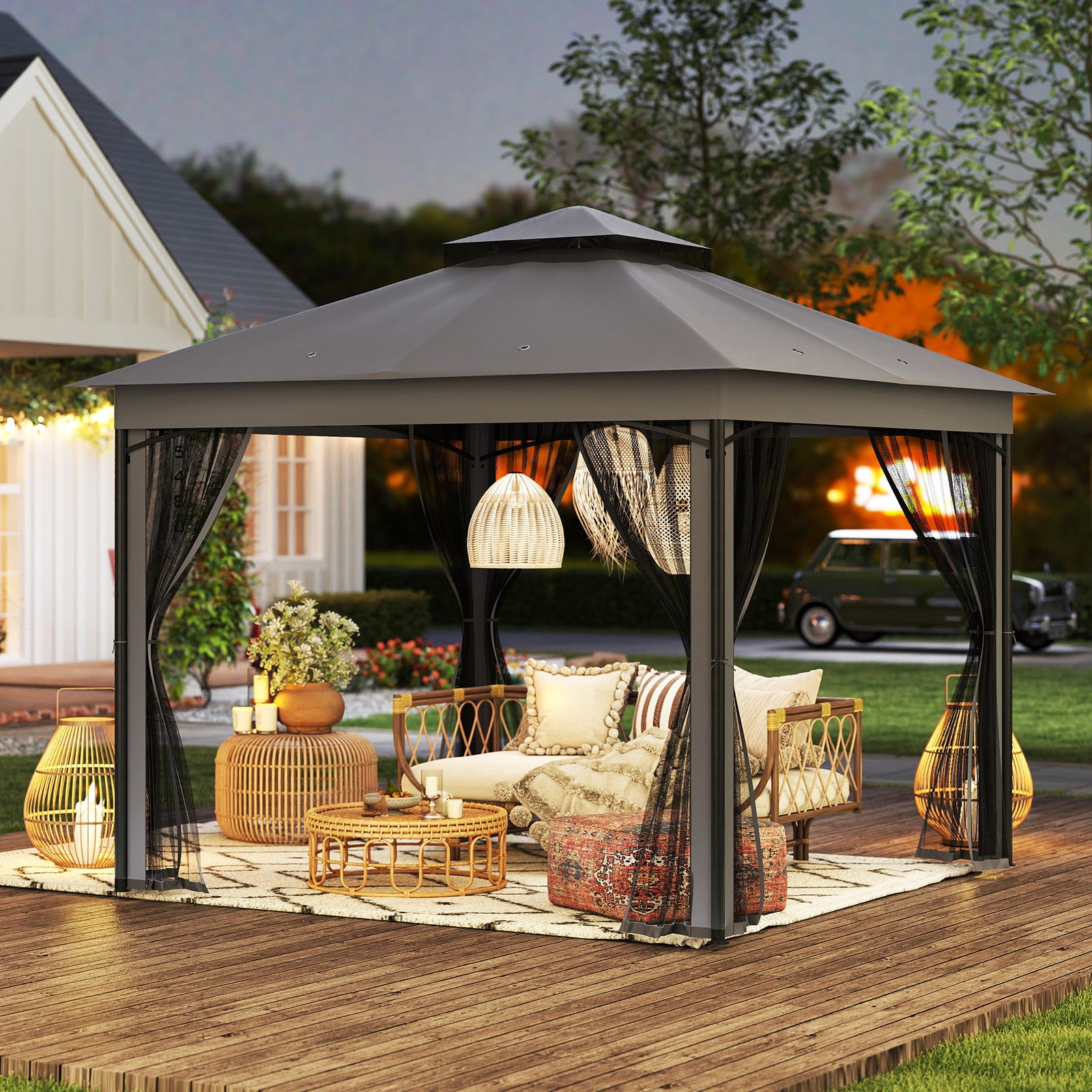 Patio Gazebo Outdoor Double-Roof Canopy Tent with Mesh Netting-Grey