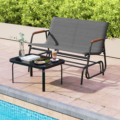 2-Person Patio Glider Bench with Curved Teak Armrests and Breathable Fabric Seat-Grey