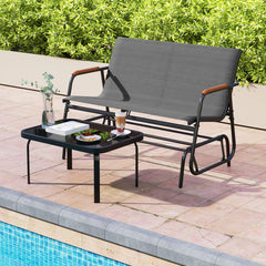 2-Person Patio Glider Bench with Curved Teak Armrests and Breathable Fabric Seat-Grey