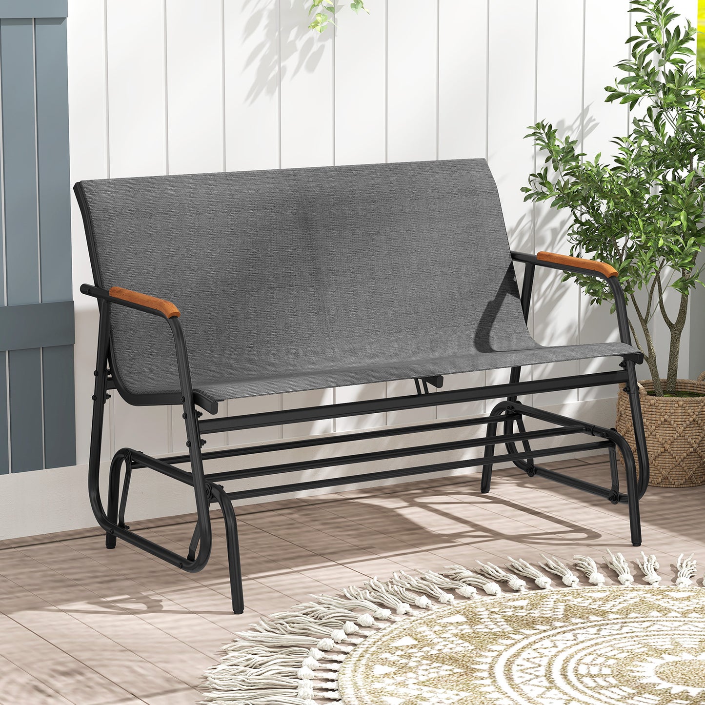 2-Person Patio Glider Bench with Curved Teak Armrests and Breathable Fabric Seat-Grey