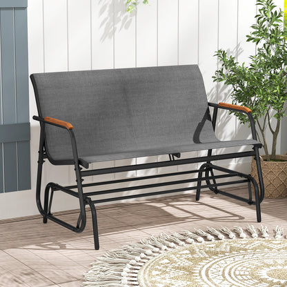 2-Person Patio Glider Bench with Curved Teak Armrests and Breathable Fabric Seat-Grey