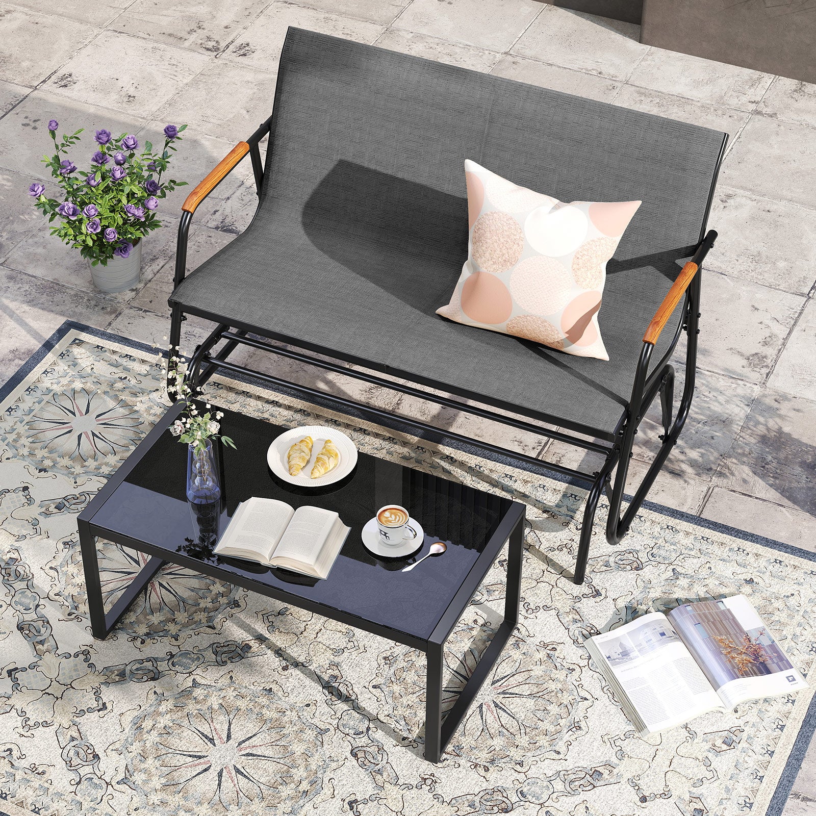 2-Person Patio Glider Bench with Curved Teak Armrests and Breathable Fabric Seat-Grey