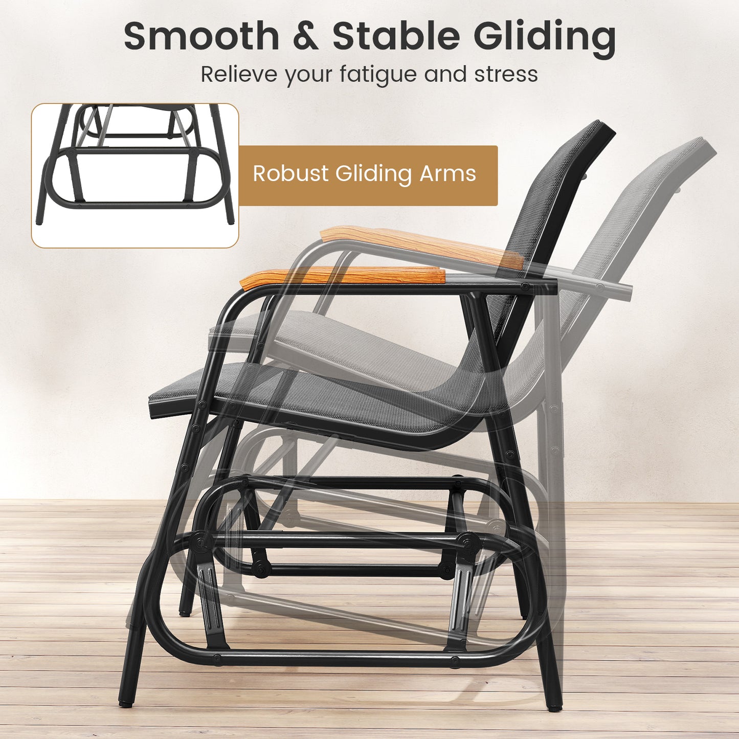 2-Person Patio Glider Bench with Curved Teak Armrests and Breathable Fabric Seat-Grey