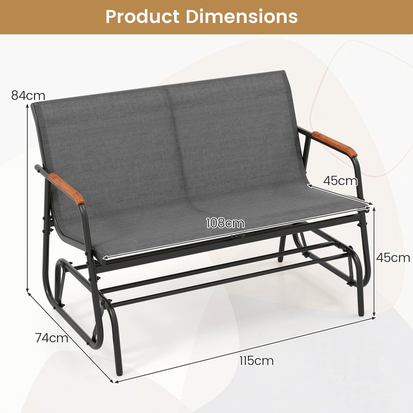 2-Person Patio Glider Bench with Curved Teak Armrests and Breathable Fabric Seat-Grey