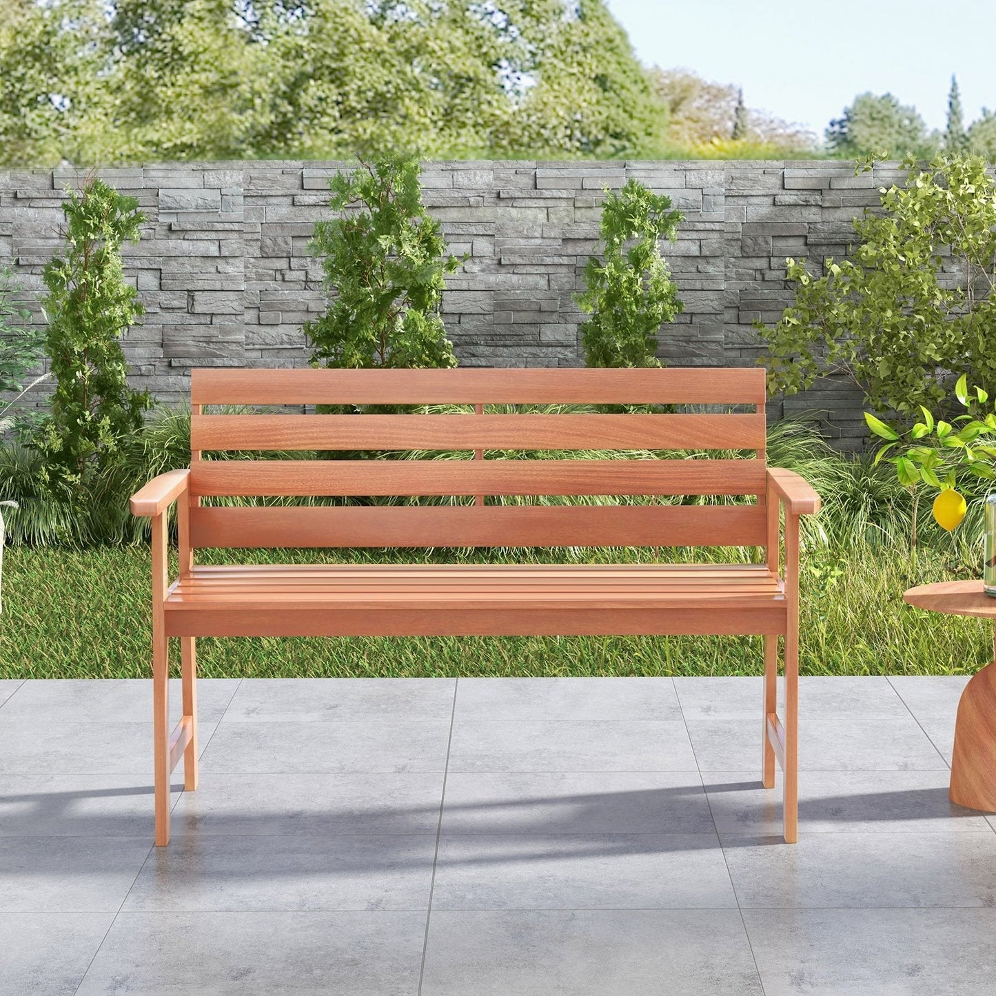 Patio Hardwood Bench Wood 2-Seat Chair with Breathable Slatted Seat