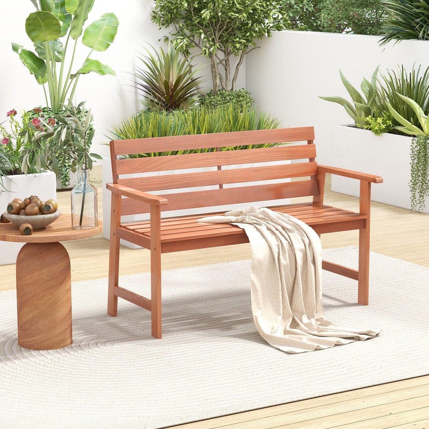 Patio Hardwood Bench Wood 2-Seat Chair with Breathable Slatted Seat