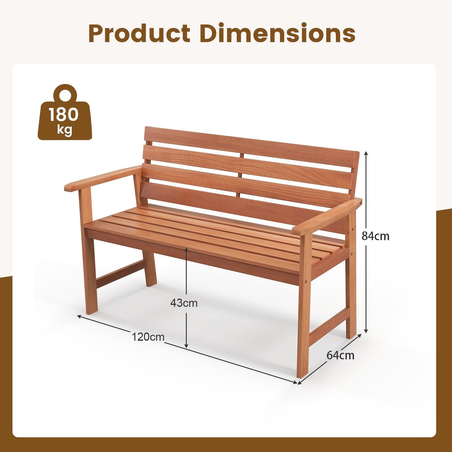 Patio Hardwood Bench Wood 2-Seat Chair with Breathable Slatted Seat