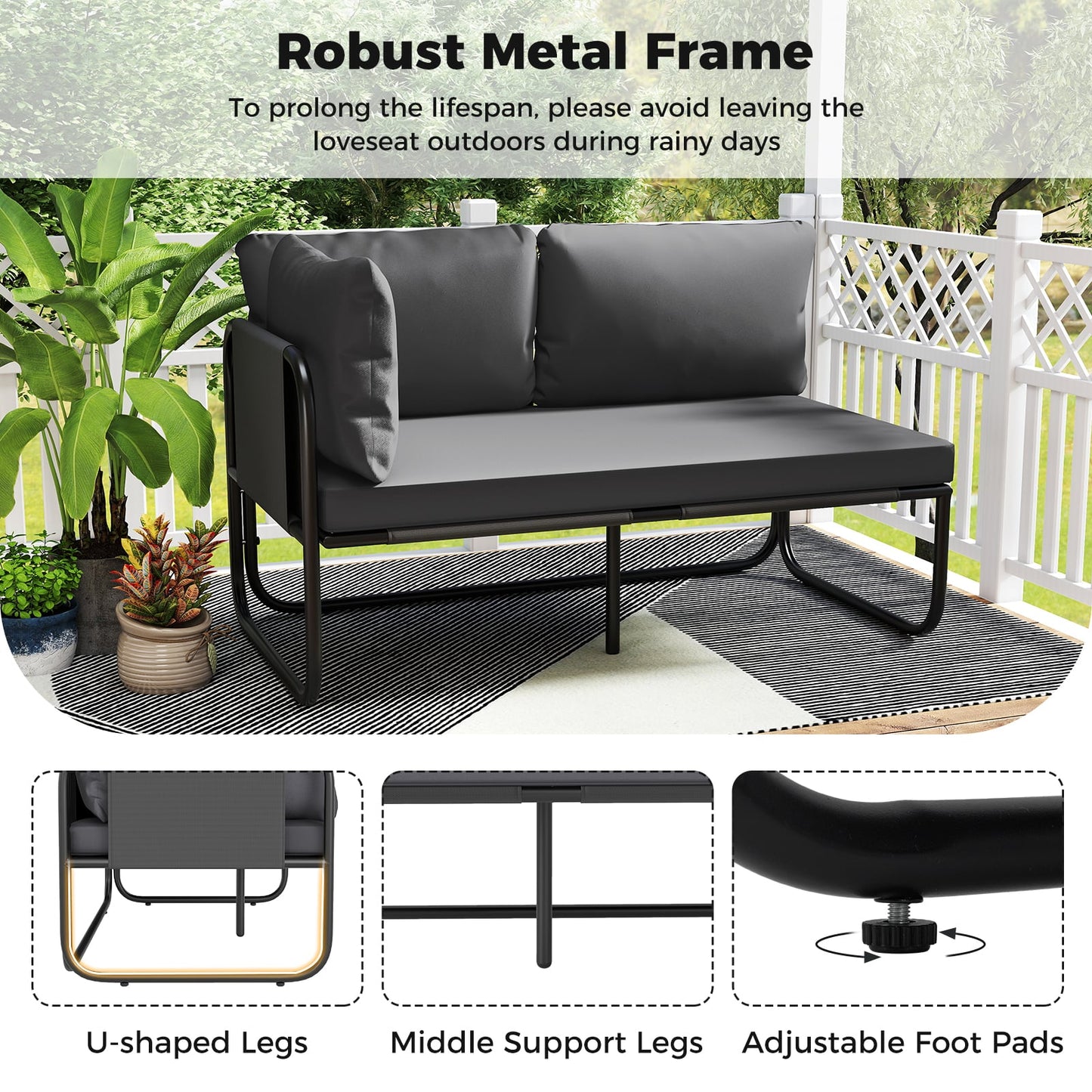 Patio Loveseat Sofa Couch with Removable Pillows and Seat Cushion-Grey