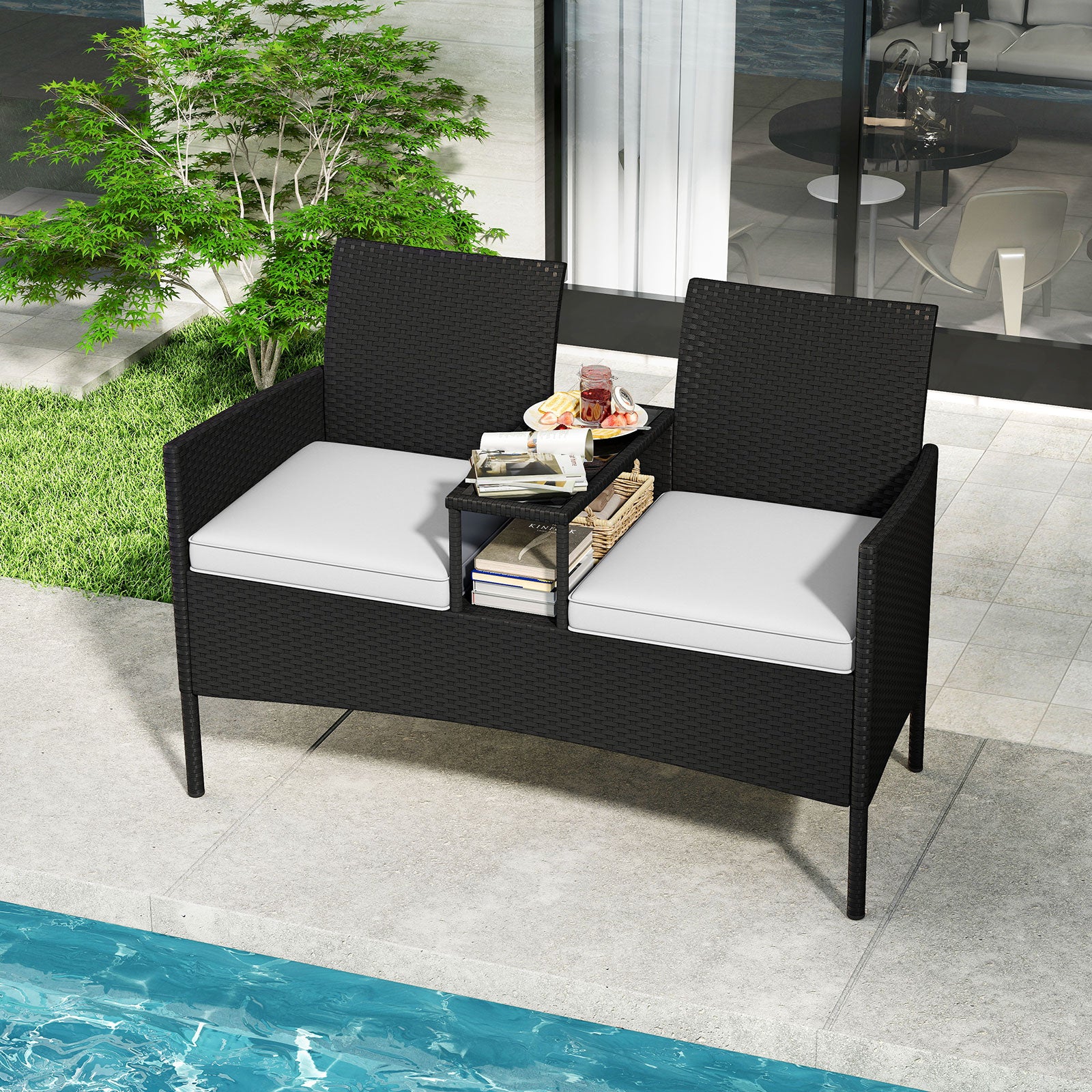 Patio Loveseat with Built-in Table with Soft Cushions and Tempered Glass Tabletop-White