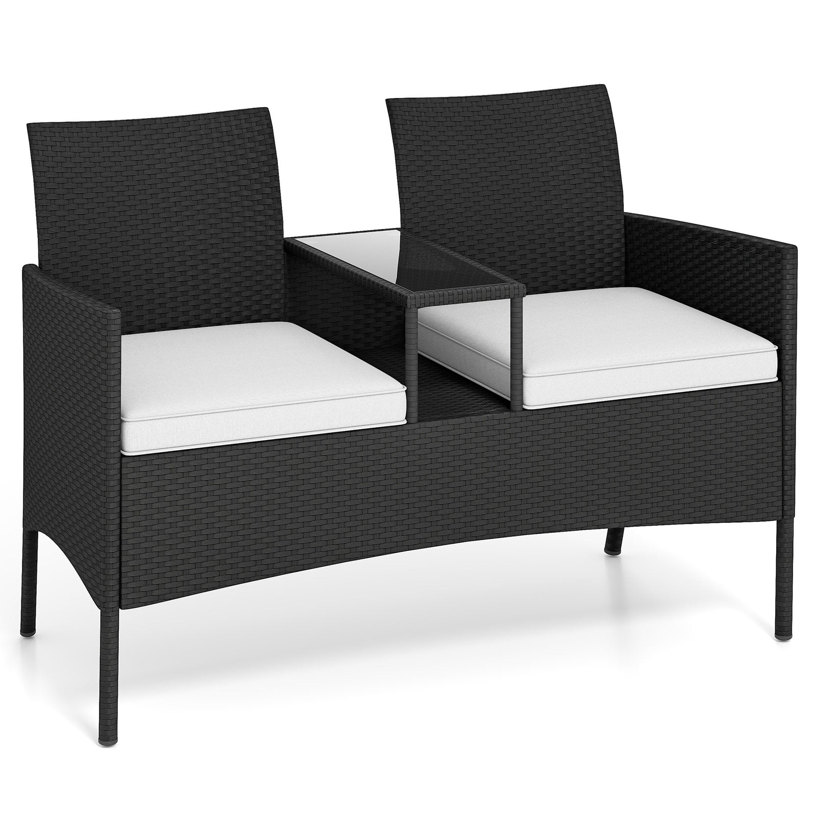 Patio Loveseat with Built-in Table with Soft Cushions and Tempered Glass Tabletop-White