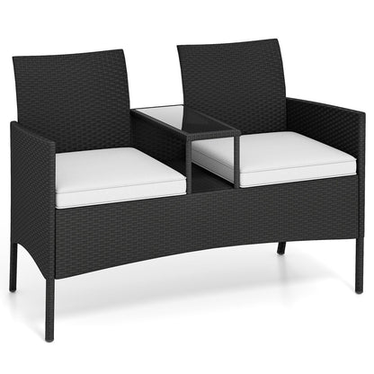 Patio Loveseat with Built-in Table with Soft Cushions and Tempered Glass Tabletop-White