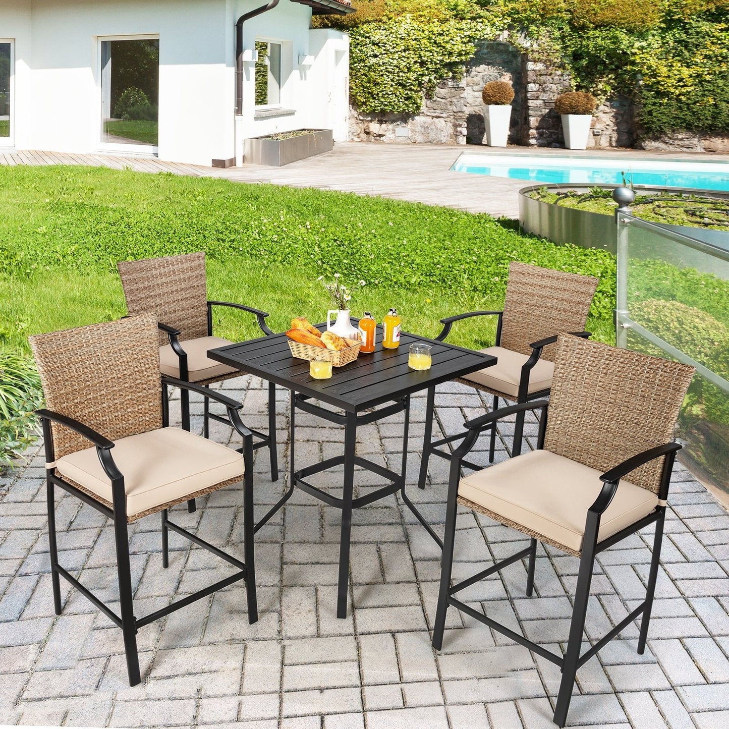 Patio Rattan Bar Stools Set of 4 with Soft Cushions High Backrest