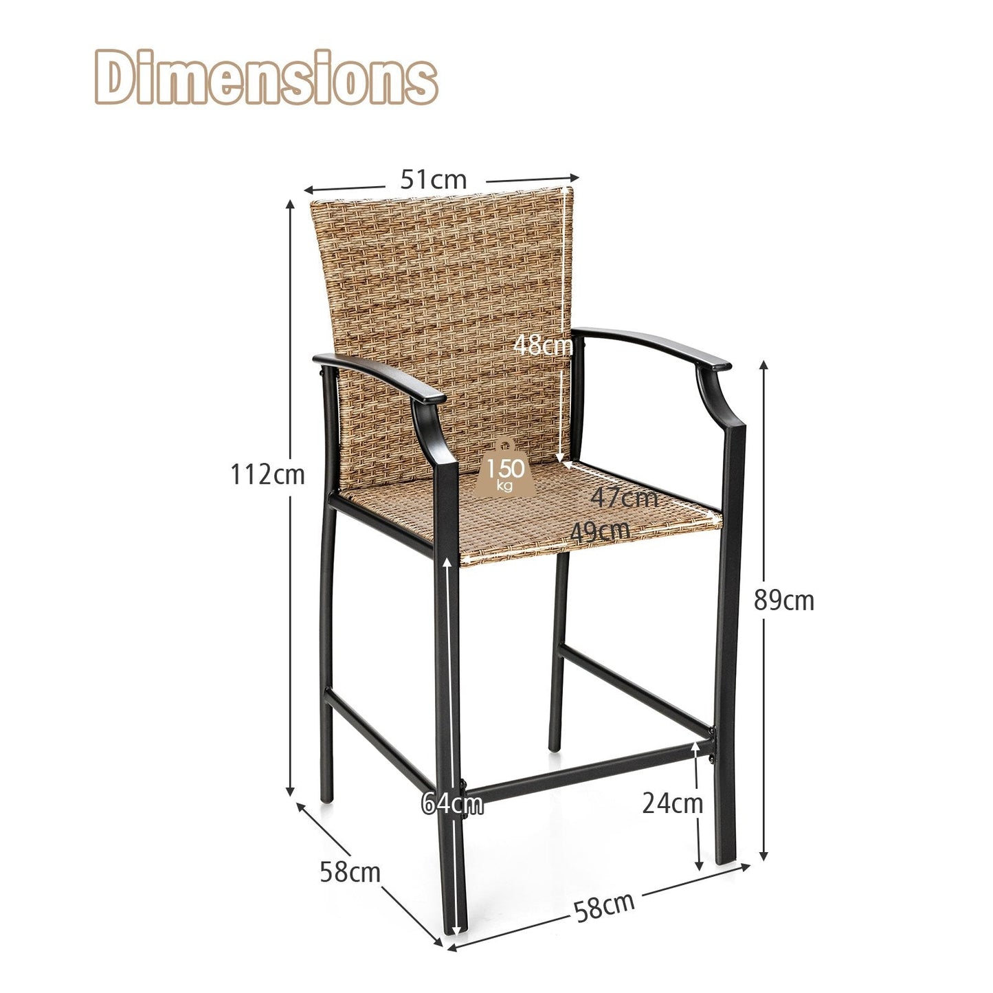 Patio Rattan Bar Stools Set of 4 with Soft Cushions High Backrest