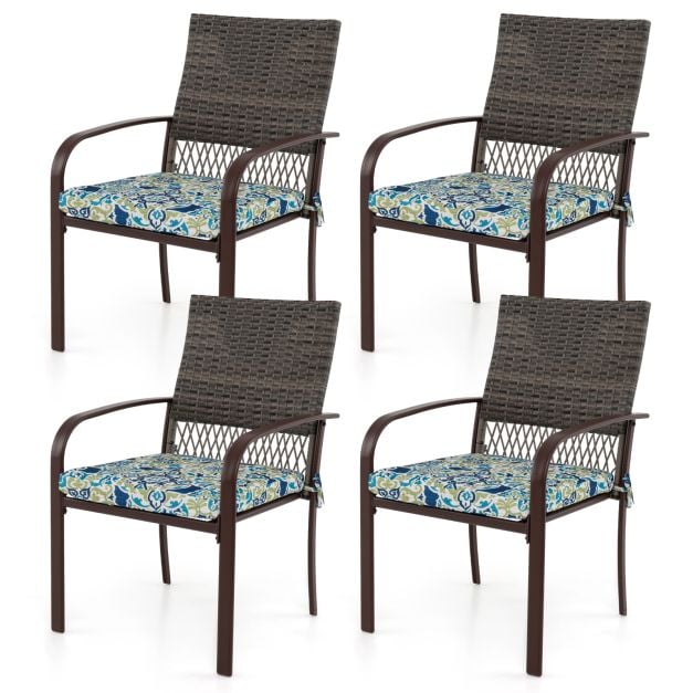Patio Rattan Chairs Set of 4 with Wicker Back and Soft Cushions