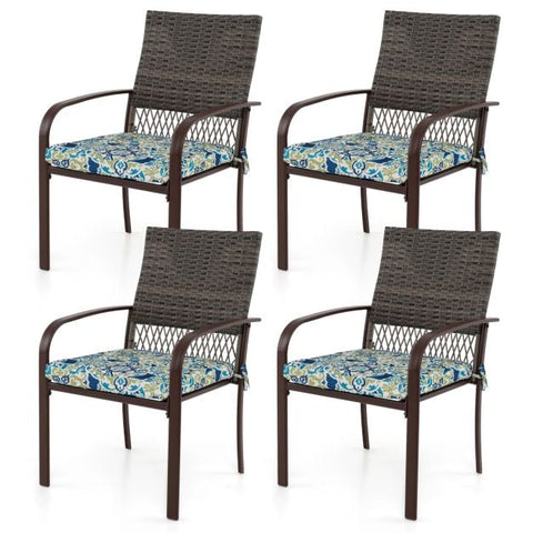 Patio Rattan Chairs Set of 4 with Wicker Back and Soft Cushions