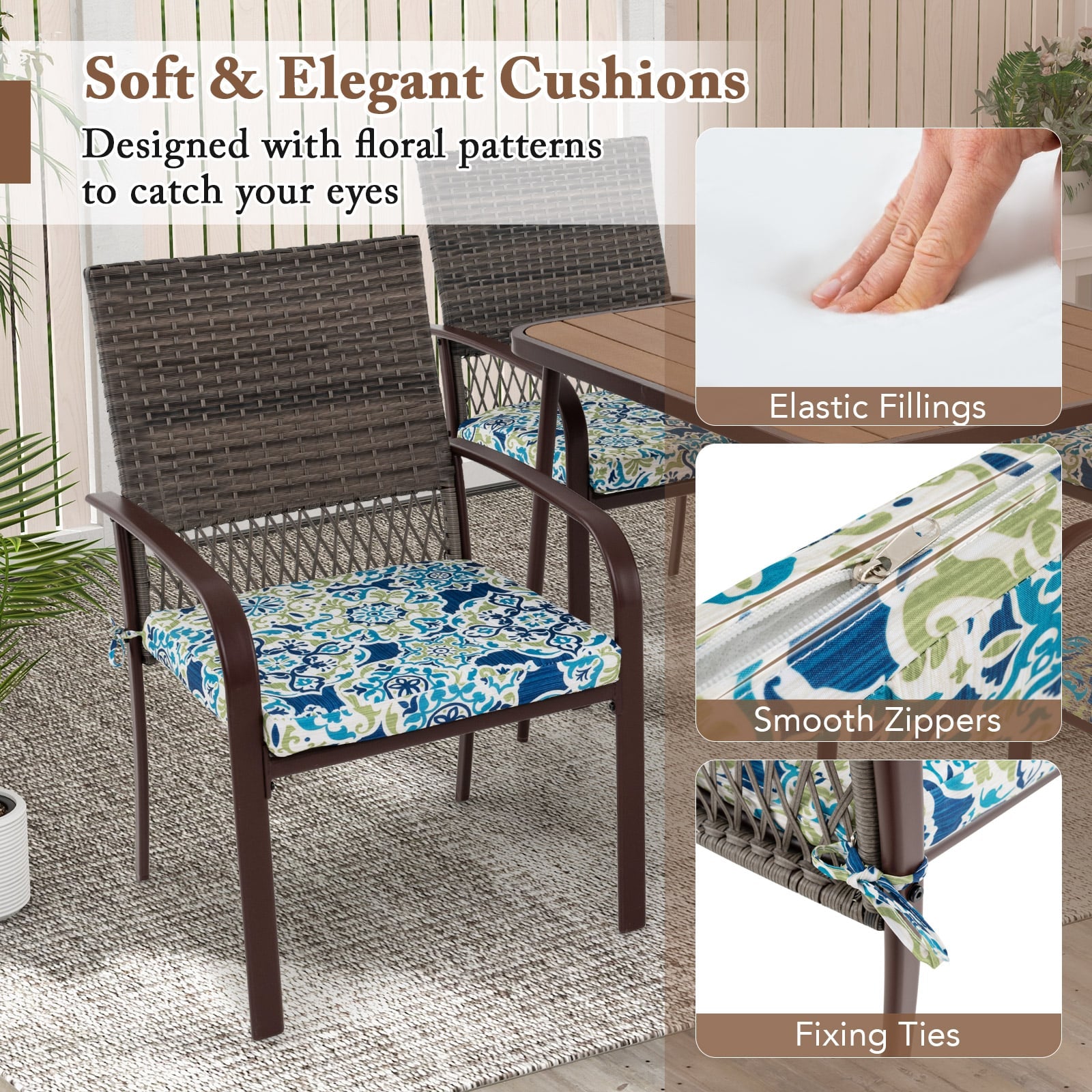 Patio Rattan Chairs Set of 4 with Wicker Back and Soft Cushions
