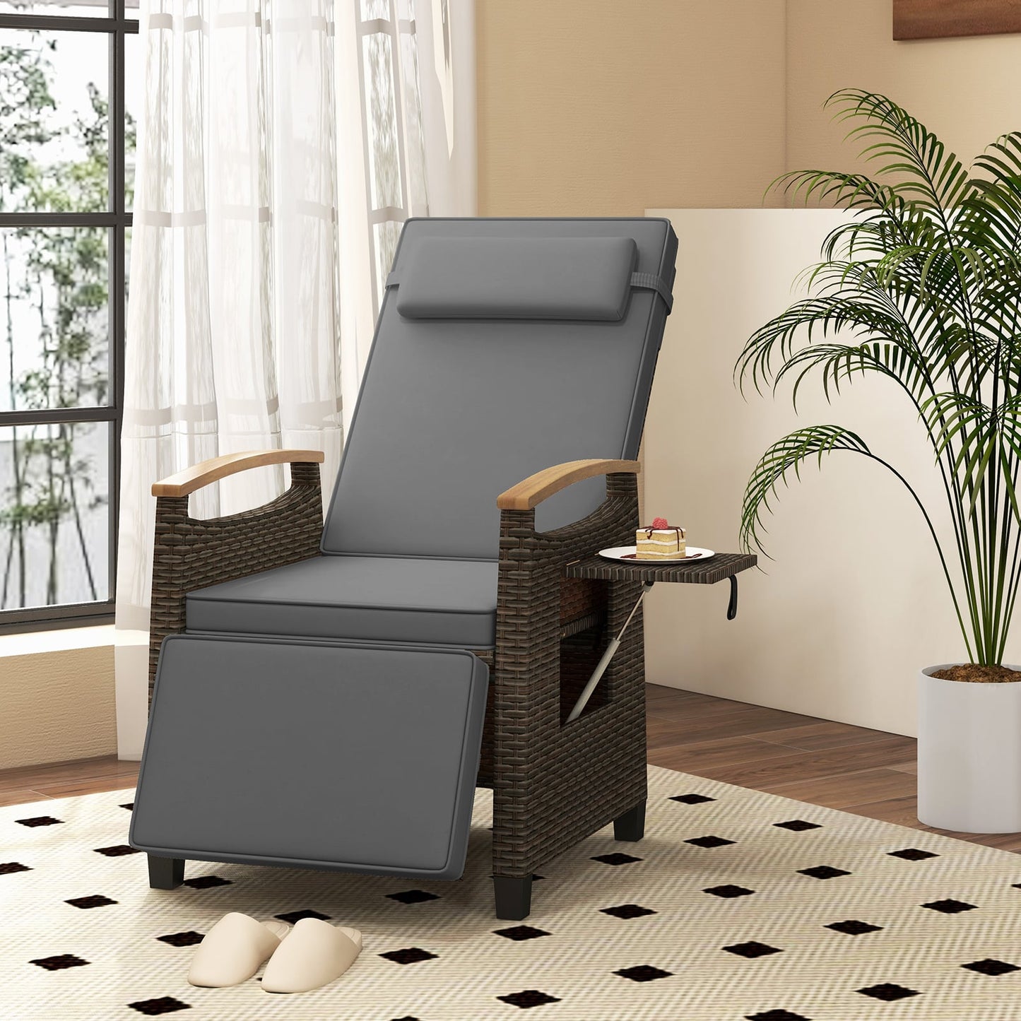 Patio Rattan Lounge Chair Recliner with Adjustable Footrest and Side Table-Grey