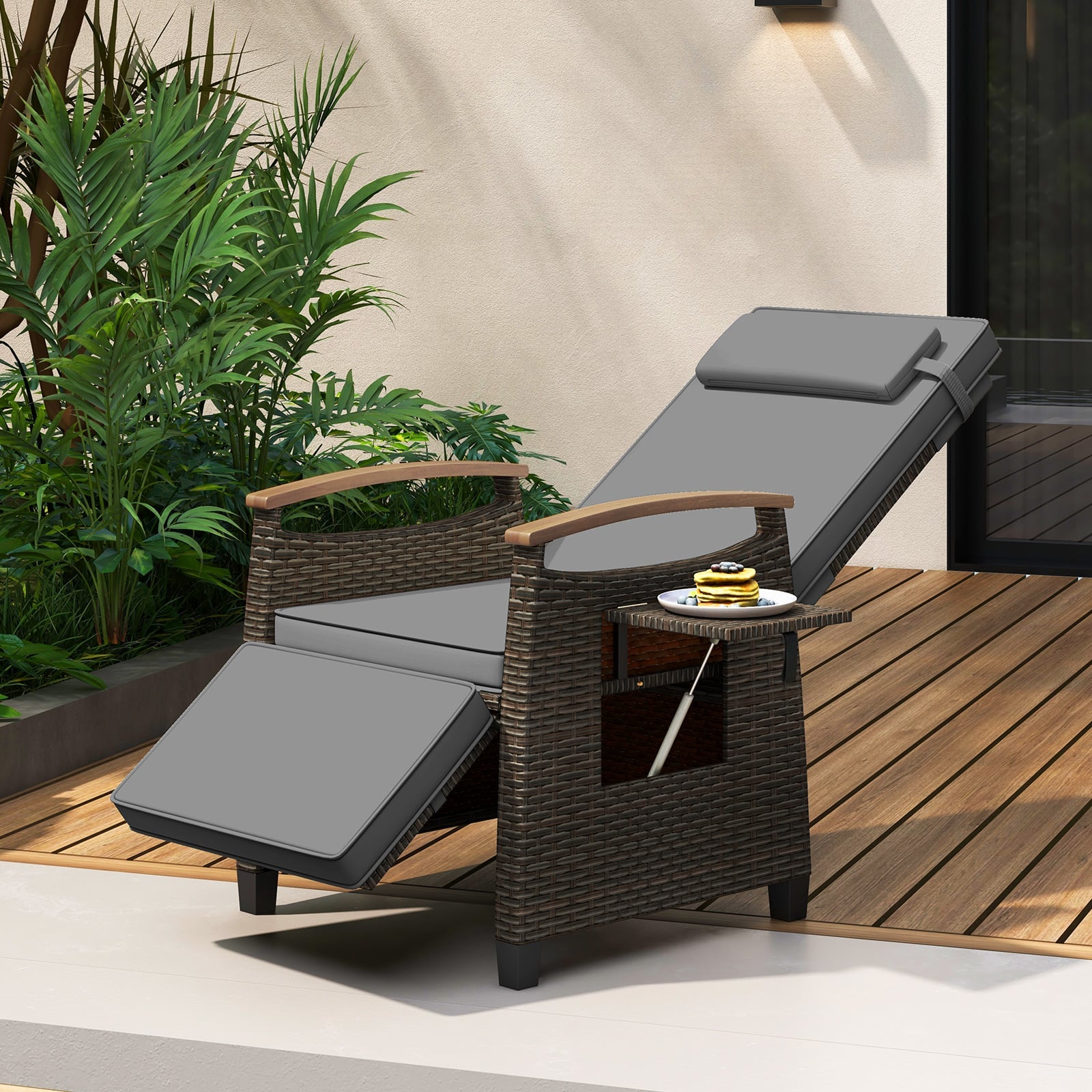 Patio Rattan Lounge Chair Recliner with Adjustable Footrest and Side Table-Grey