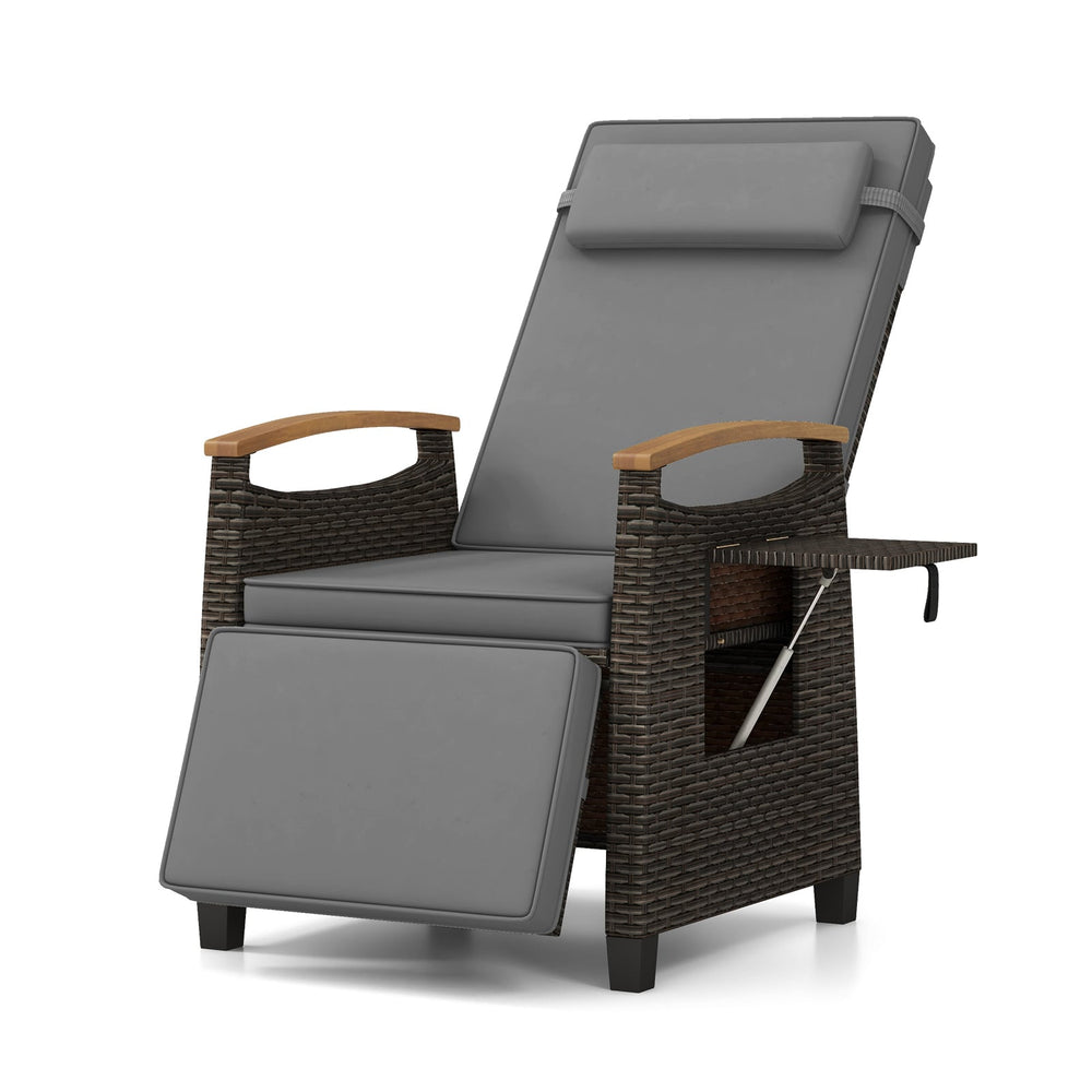 Patio Rattan Lounge Chair Recliner with Adjustable Footrest and Side Table-Grey