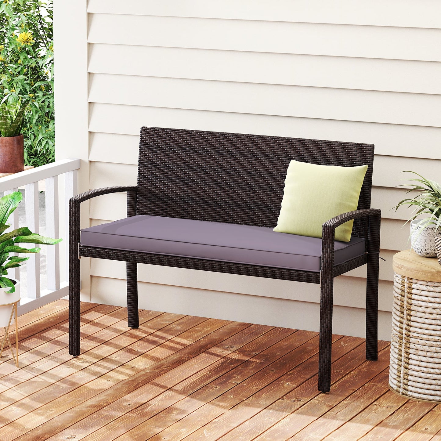 Patio Rattan Loveseat Wicker 2-Seat Bench with Soft Seat Cushion-Grey