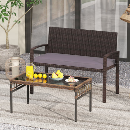 Patio Rattan Loveseat Wicker 2-Seat Bench with Soft Seat Cushion-Grey