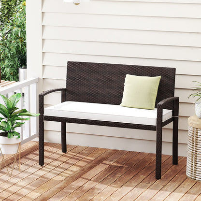 Patio Rattan Loveseat Wicker 2-Seat Bench with Soft Seat Cushion-White