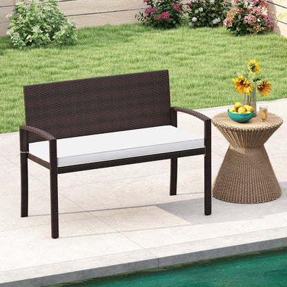 Patio Rattan Loveseat Wicker 2-Seat Bench with Soft Seat Cushion-White