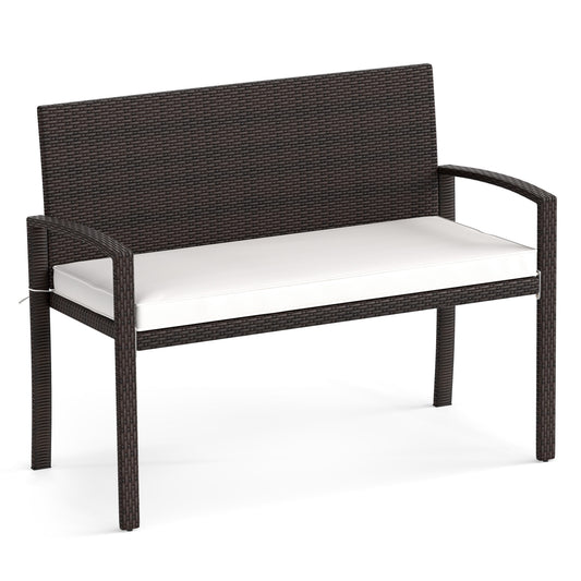 Patio Rattan Loveseat Wicker 2-Seat Bench with Soft Seat Cushion-White