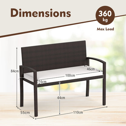 Patio Rattan Loveseat Wicker 2-Seat Bench with Soft Seat Cushion-White