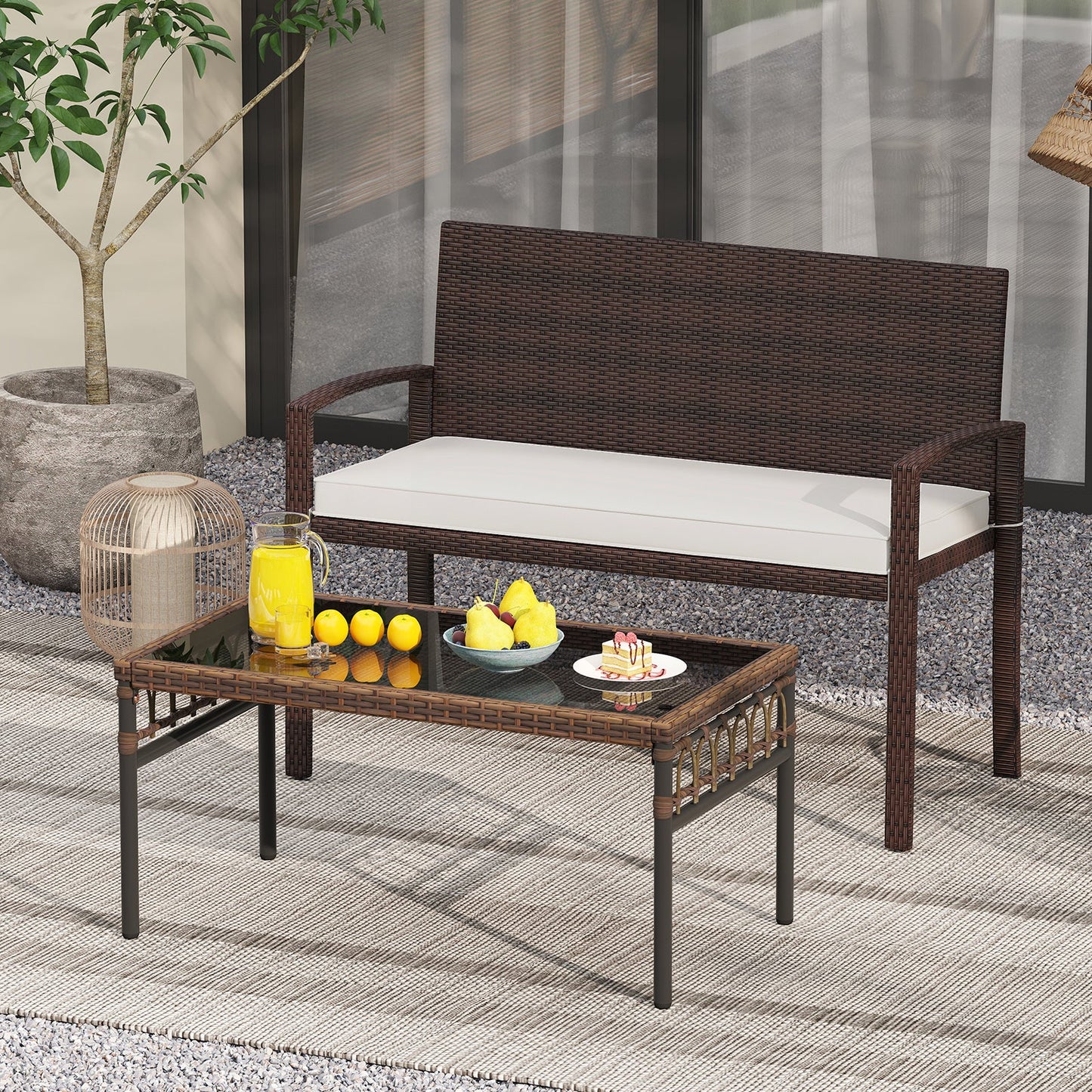 Patio Rattan Loveseat Wicker 2-Seat Bench with Soft Seat Cushion-White