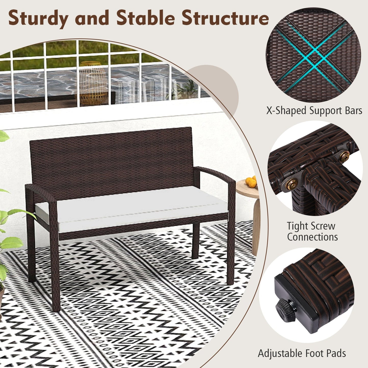 Patio Rattan Loveseat Wicker 2-Seat Bench with Soft Seat Cushion-White