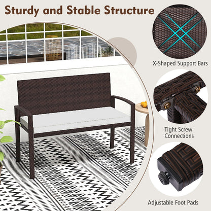 Patio Rattan Loveseat Wicker 2-Seat Bench with Soft Seat Cushion-White