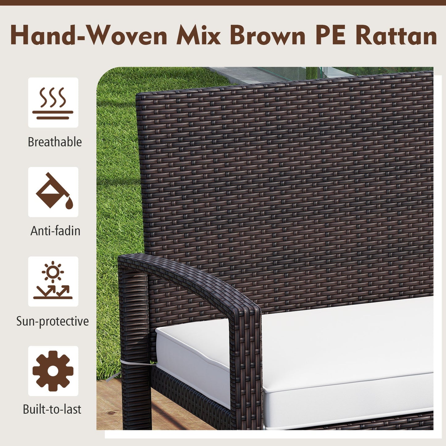 Patio Rattan Loveseat Wicker 2-Seat Bench with Soft Seat Cushion-White