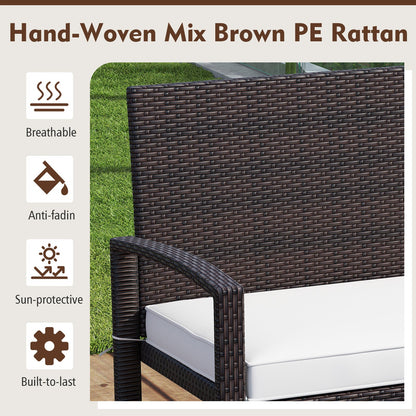 Patio Rattan Loveseat Wicker 2-Seat Bench with Soft Seat Cushion-White