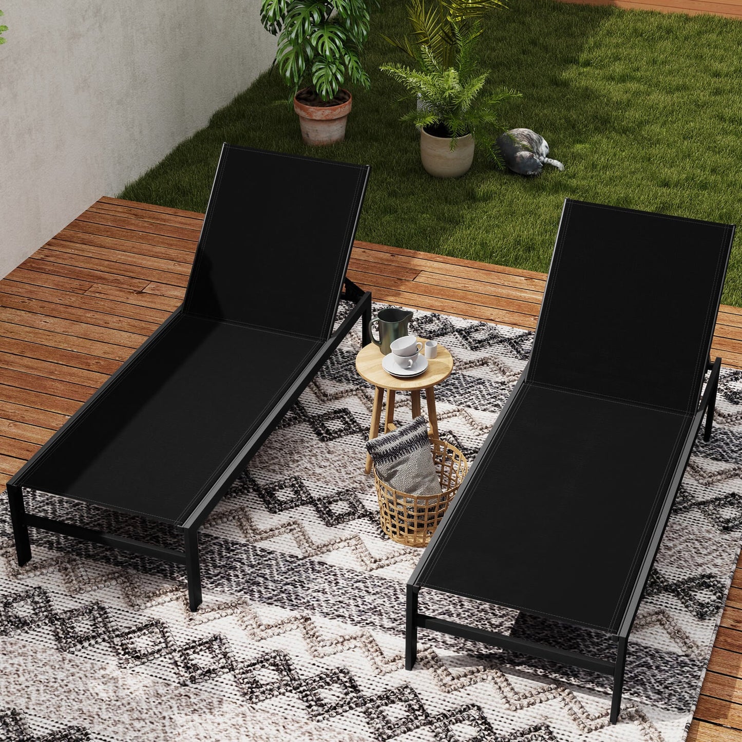 Aluminum Chaise Lounge Chair Patio Recliner with Adjustable Backrest-Black