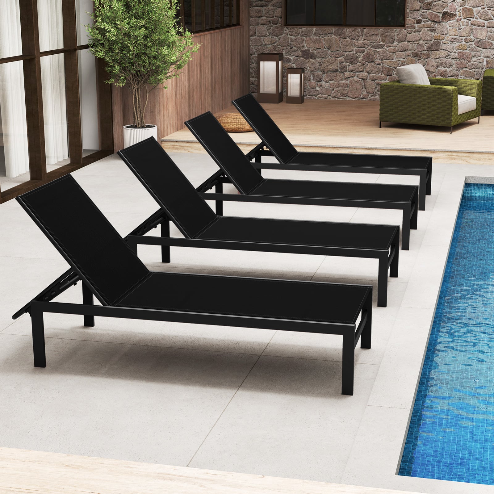 Aluminum Chaise Lounge Chair Patio Recliner with Adjustable Backrest-Black