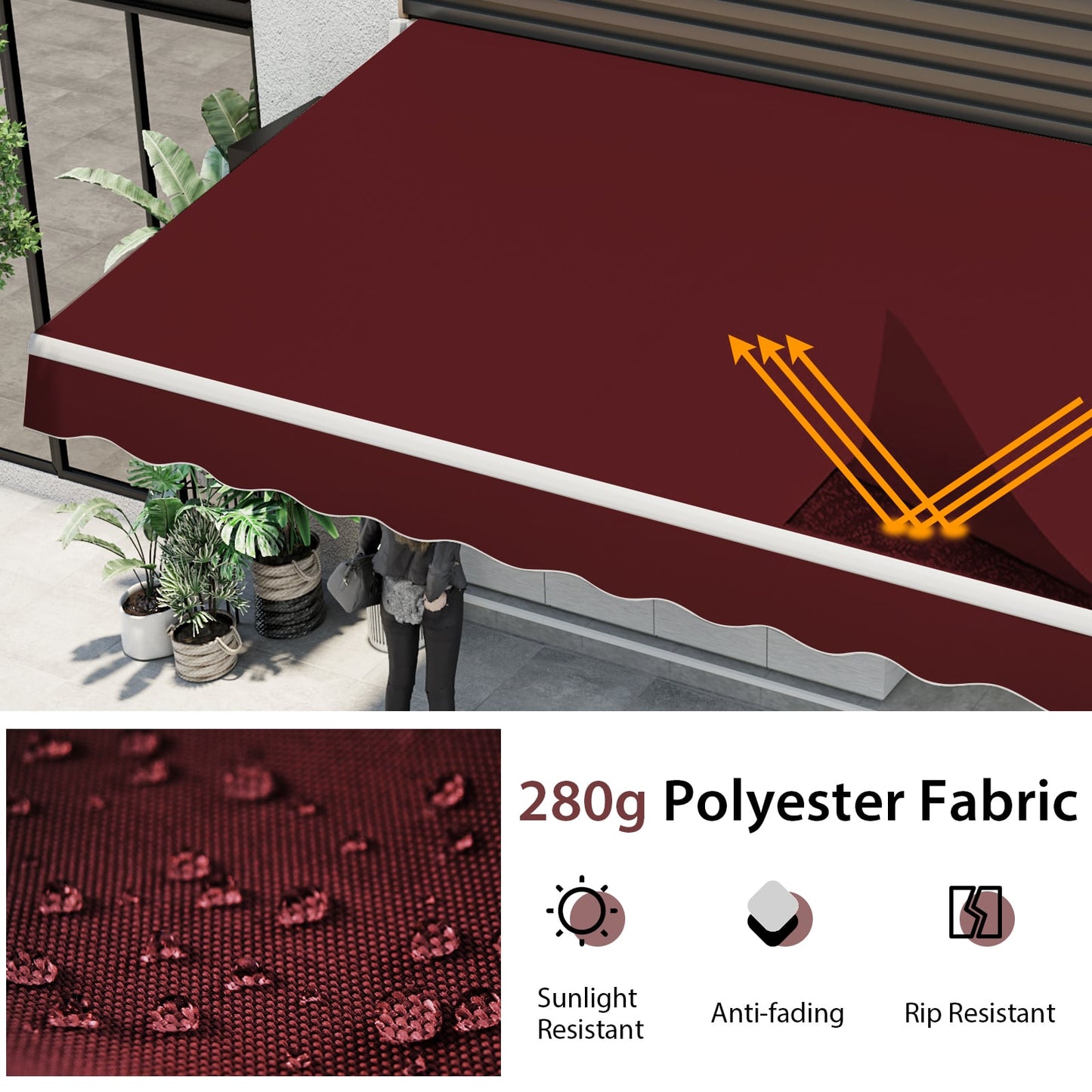 3.6 x 3 m Patio Retractable Awning with Manual Crank Handle-Wine