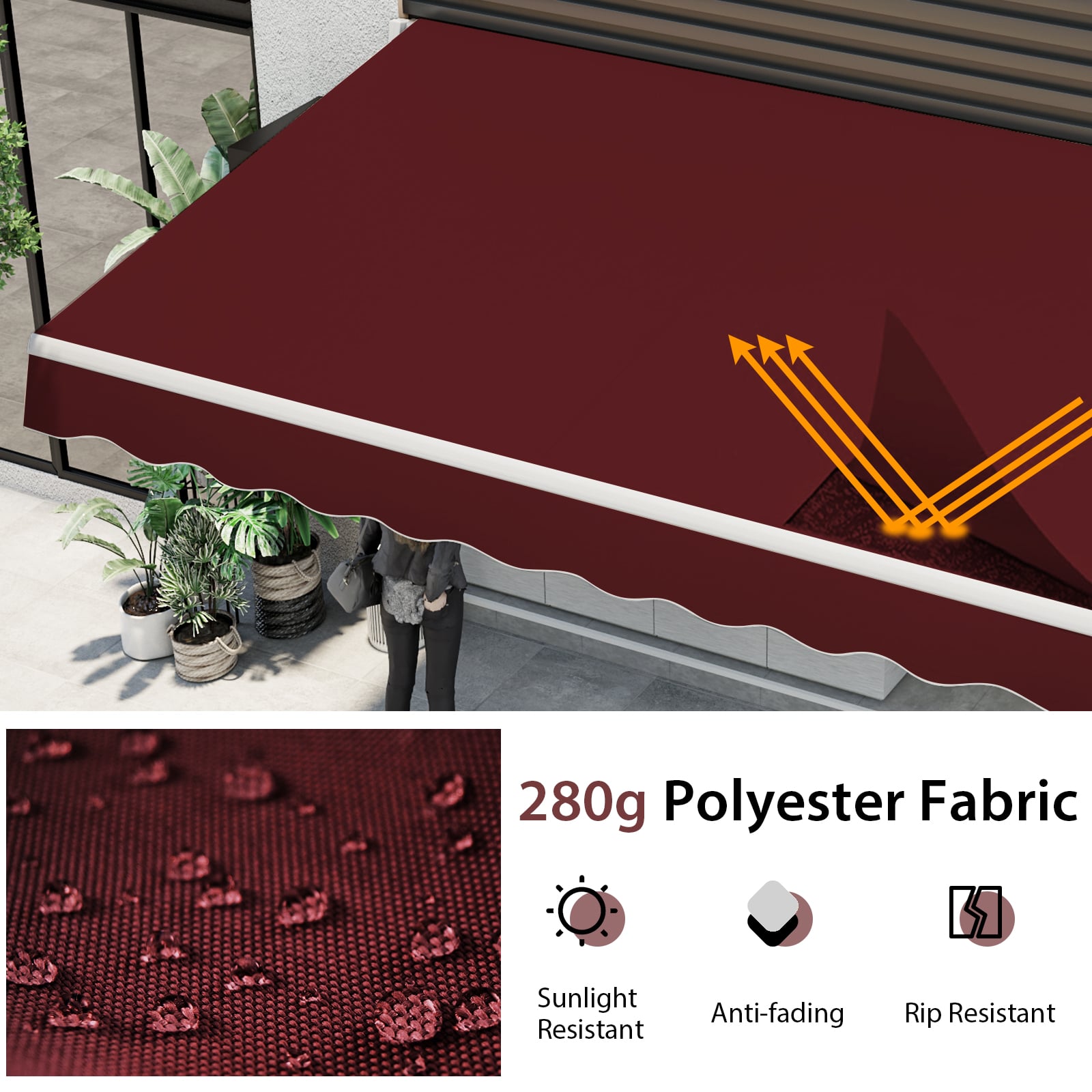 3.6 x 3 m Patio Retractable Awning with Manual Crank Handle-Wine