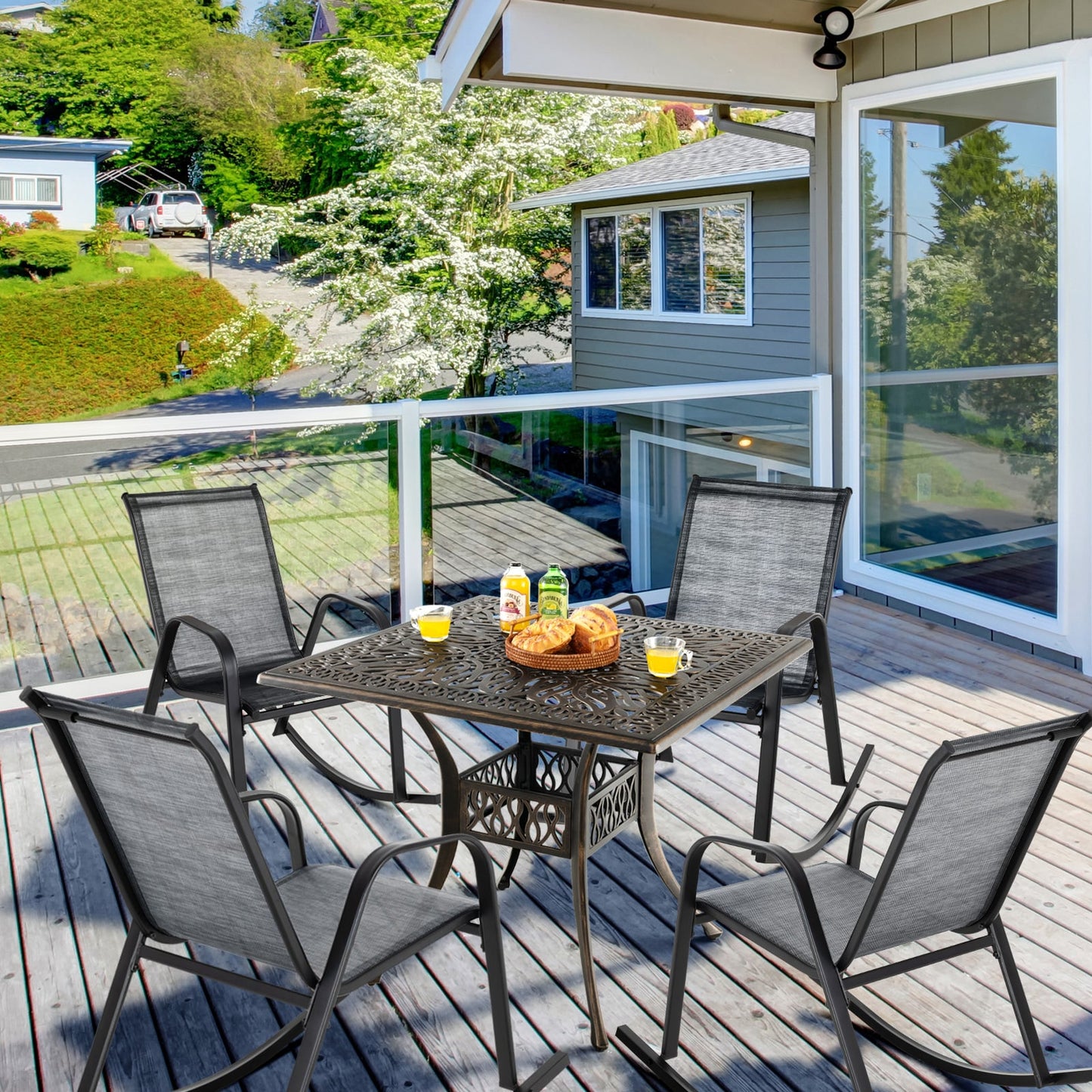Patio Rocking Chair Set of 2 with Breathable Fabric Seat-Grey