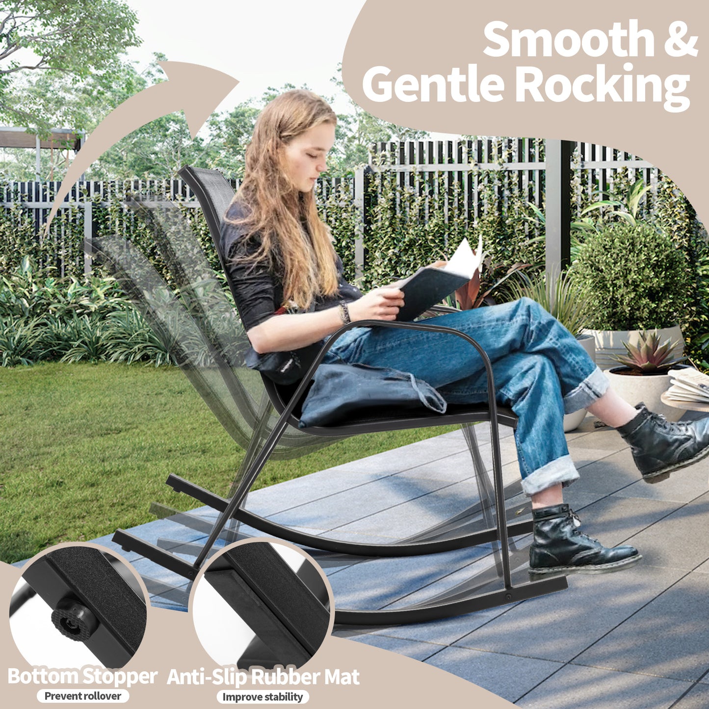 Patio Rocking Chair Set of 2 with Breathable Fabric Seat-Grey