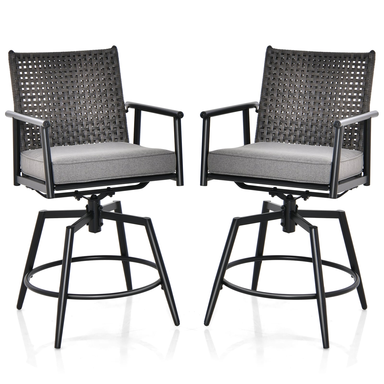 Patio Swivel Bar Stools Set of 2 with PE Rattan Back and Metal Frame-Black