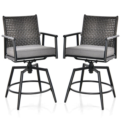Patio Swivel Bar Stools Set of 2 with PE Rattan Back and Metal Frame-Black