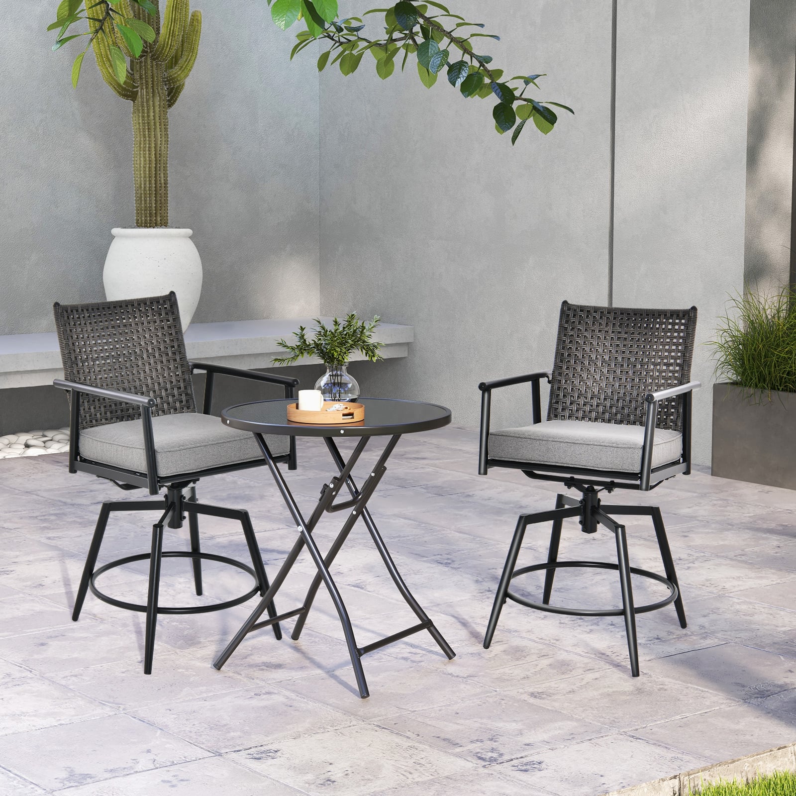 Patio Swivel Bar Stools Set of 2 with PE Rattan Back and Metal Frame-Black