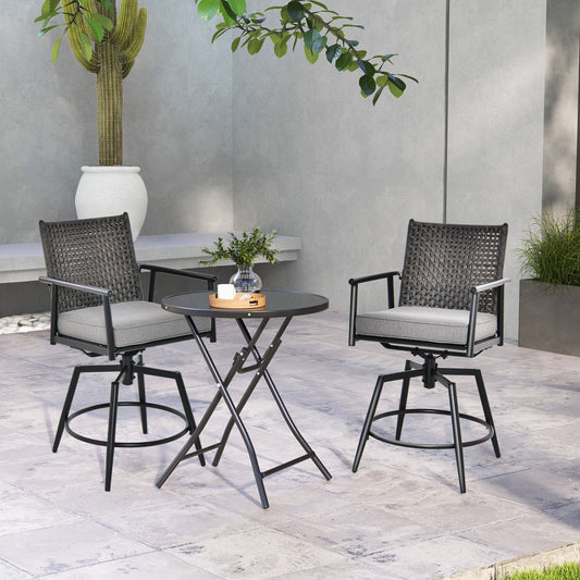 Patio Swivel Bar Stools Set of 2 with PE Rattan Back and Metal Frame-Black