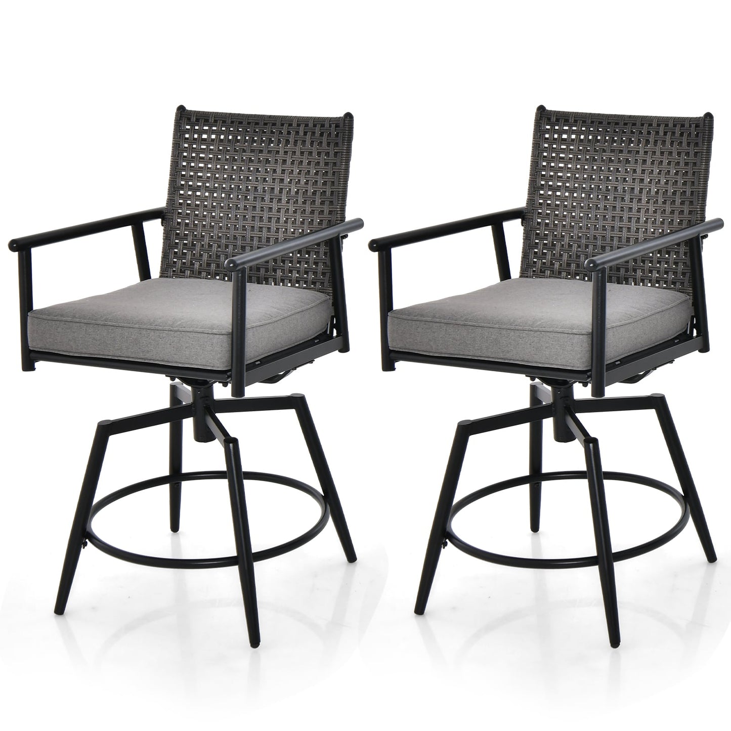 Patio Swivel Bar Stools Set of 2 with PE Rattan Back and Metal Frame-Black