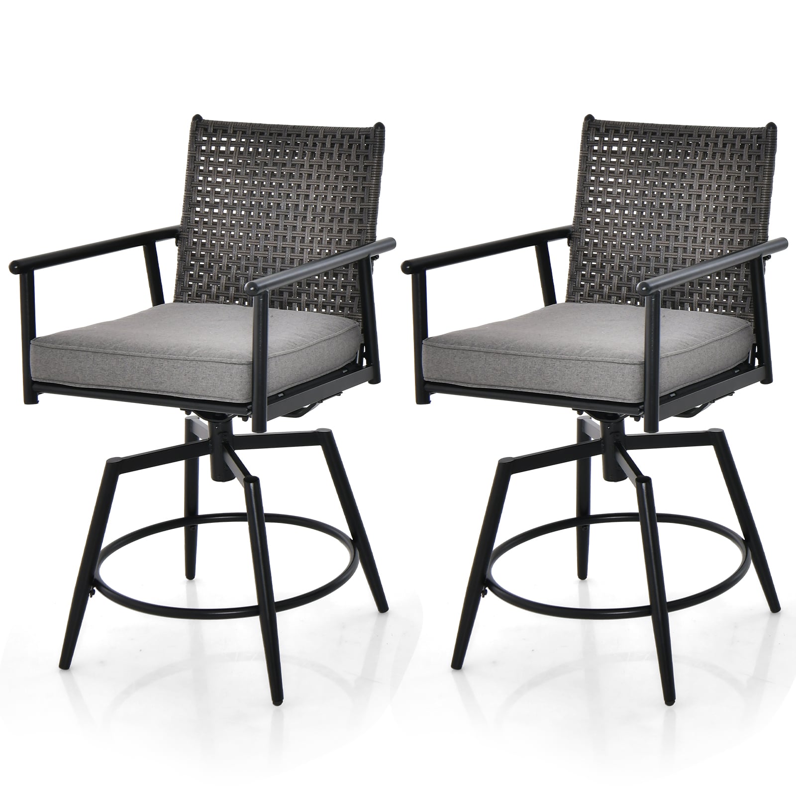 Patio Swivel Bar Stools Set of 2 with PE Rattan Back and Metal Frame-Black