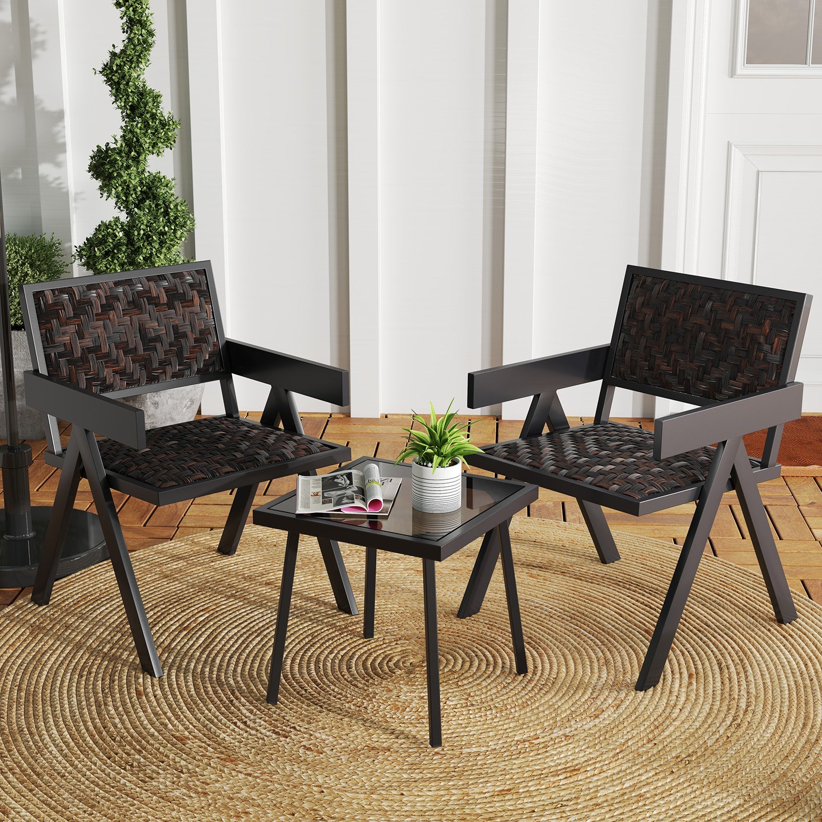 Patio Table and Chairs Set with Quick-Drying Foam for Porch and Balcony-Brown