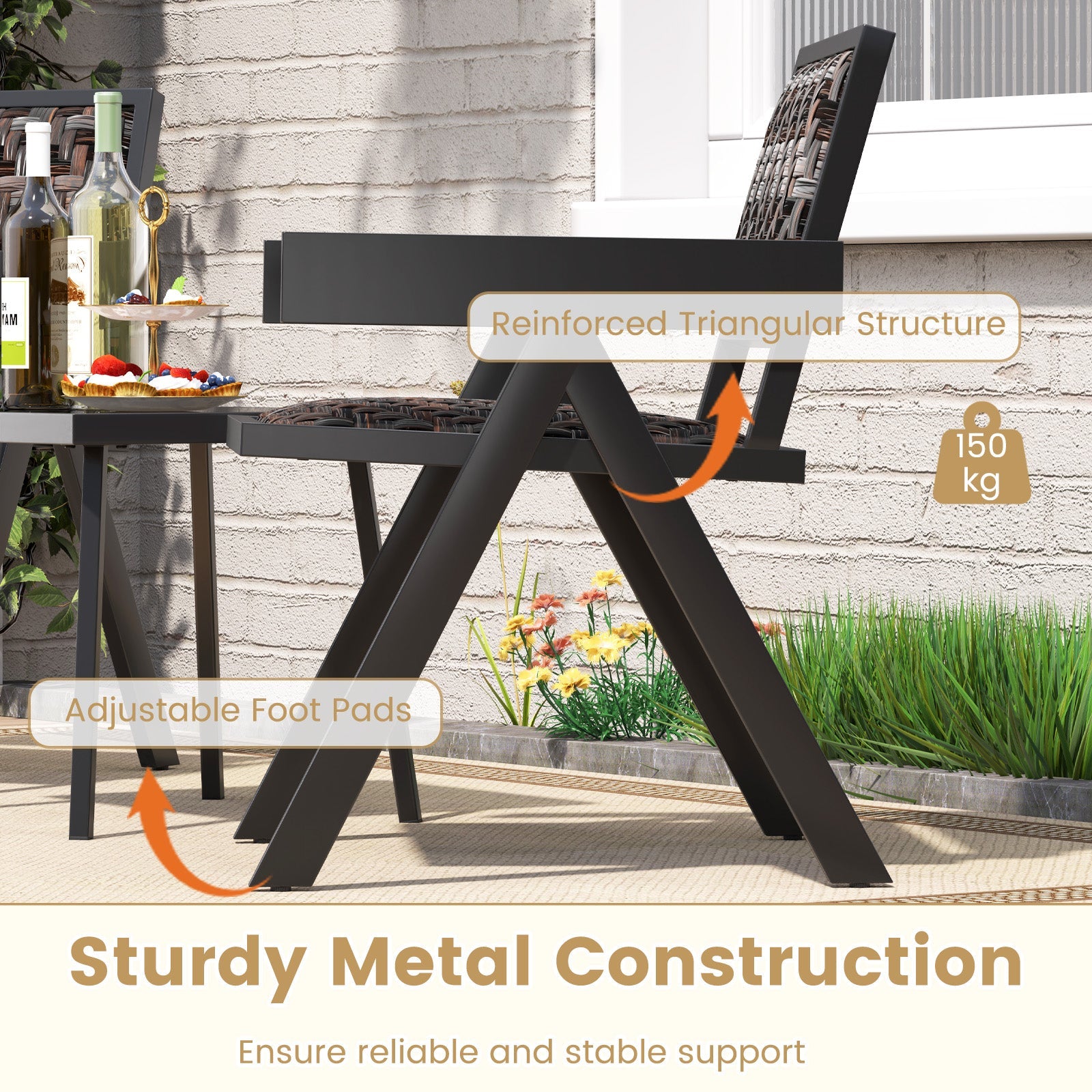 Patio Table and Chairs Set with Quick-Drying Foam for Porch and Balcony-Brown